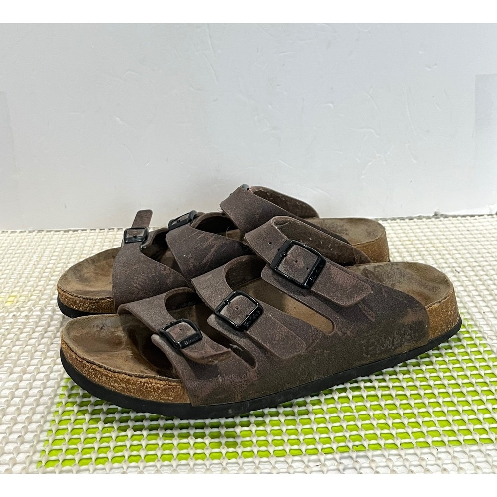 Birkies Birkenstock Florida Three Strap Buckle Slide Sandals L8 M6 Brown GOOD